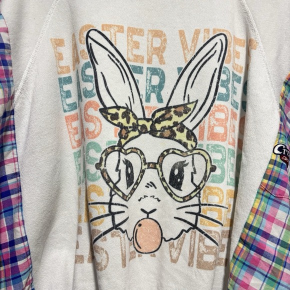 Upcycled Plaid Sweater Easter Pullover Pastel Bunny Boho Easter Outfit One Size - Picture 3 of 7